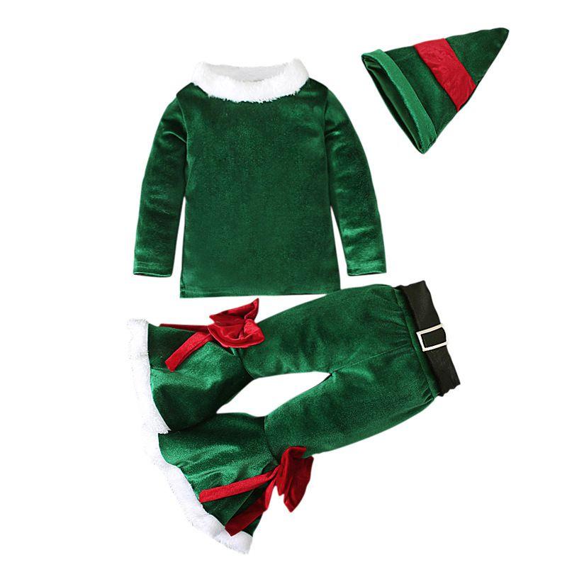 

Festive Christmas Kids Girls Plush Flared Pants Suit With Santa Hat Tree Hat зелёный