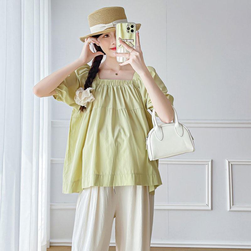 2026 Maternity Summer Off-the-Shoulder Puff Sleeve Top & Casual Straight-Leg Pants Set