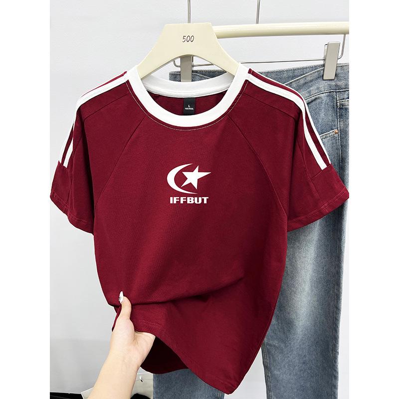 

Женская летняя хлопковая футболка свободного кроя - Американский бренд, принт с буквами, три полоски, модный дизайн с круглым вырезом M вино красного