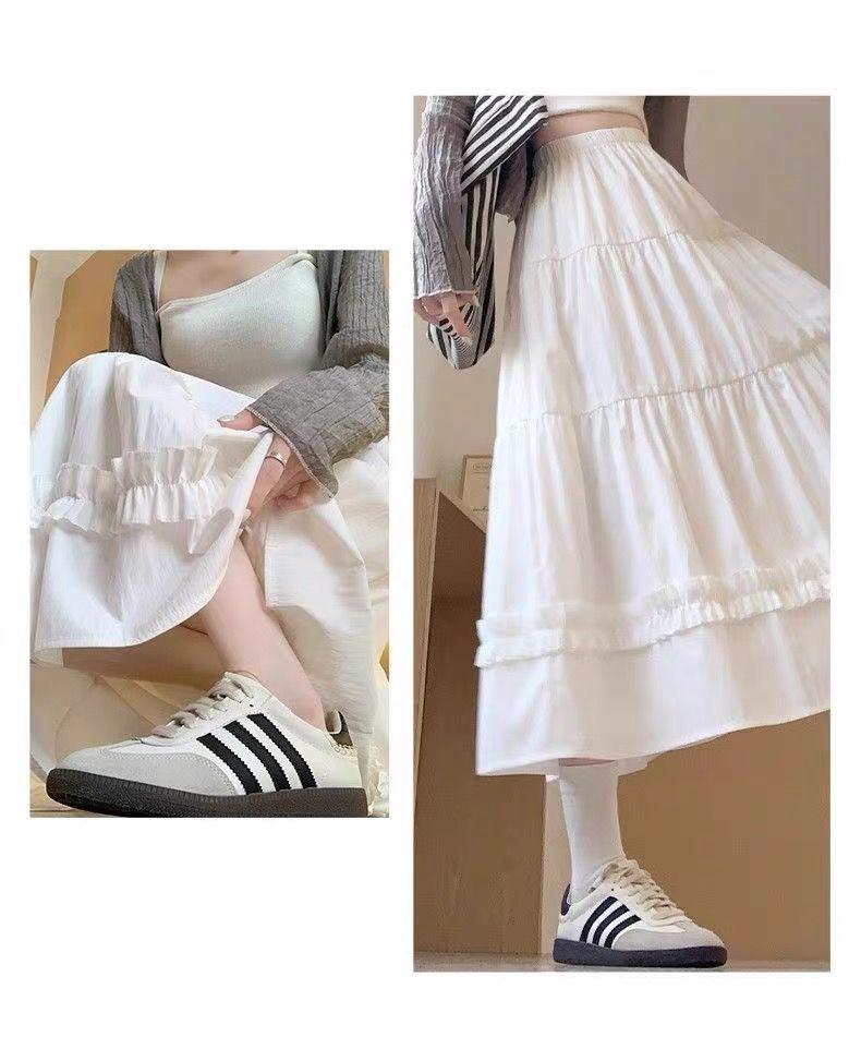 White A-Line Ruffle Midi Skirt - High Waist Summer 2025 Slimming French Style for Women & Petite