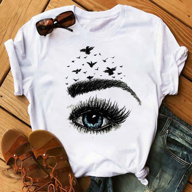 Maycaur Fashion Graphic Women Tops Eyelashes Print Kawaii Lashes Women T Shirt Tee Funny Makeup Aesthetic Shirt Camisas Mujer
