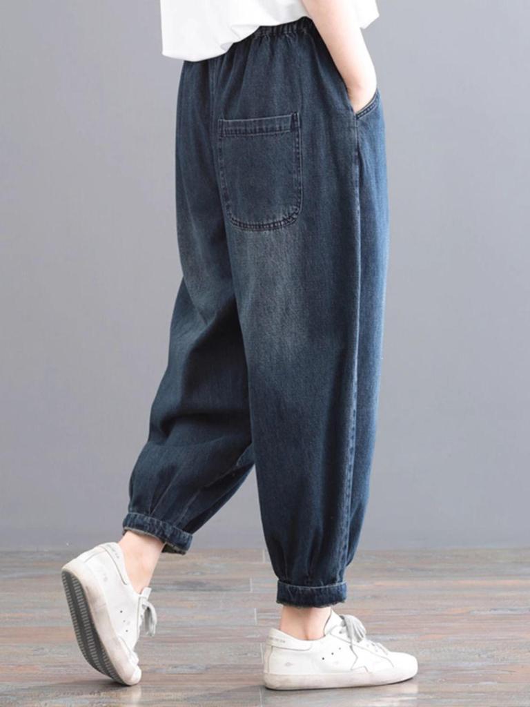 Frühling/Herbst 2025 Damen Plus Size Elastischer Bund Denim Laternen Haremshose