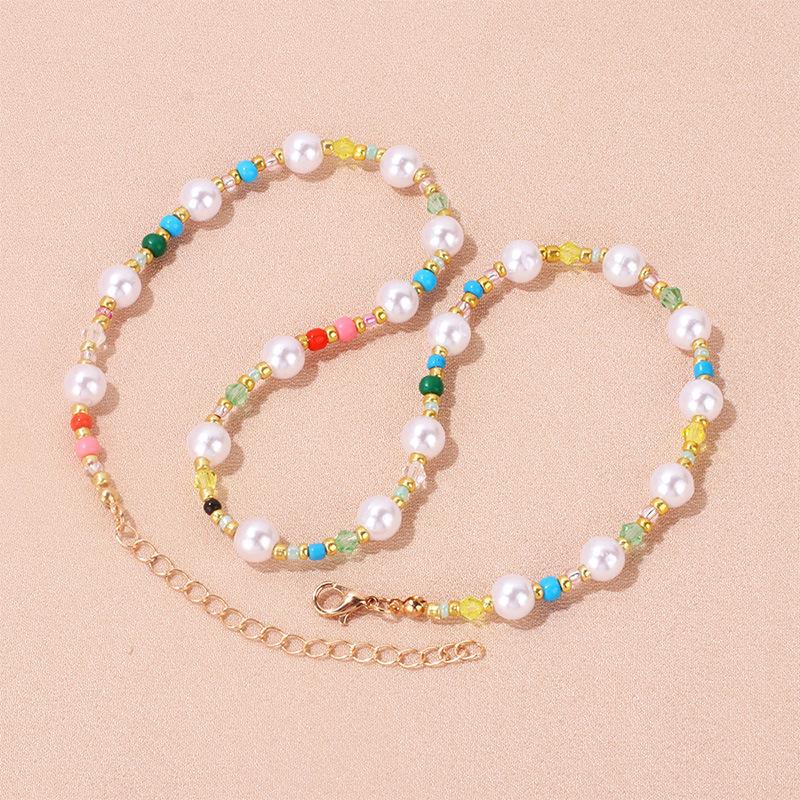 Bohemian ethnic style colored pearl necklace, retro fashion temperament choker beaded collarbone chain