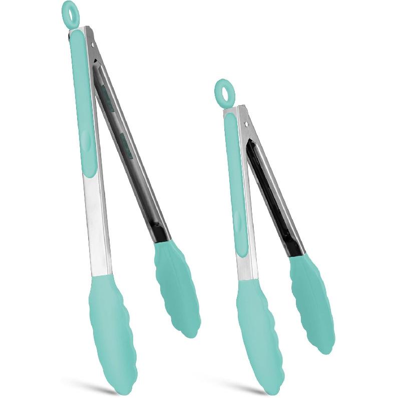Silicone Non-SlipTongs for Cooking, 430 Steel Table Tongs for Kitchen Salad, Pasta, Grilling, BBQ, Heat Resistant Tip, Strong Grip for Meat Sky Blue