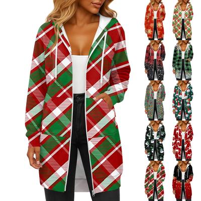 Damen Modische Weihnachten Bedruckte Langarm Kordelzug Kapuzen Reißverschlusstasche Lange Lässige Sweatshirtjacke