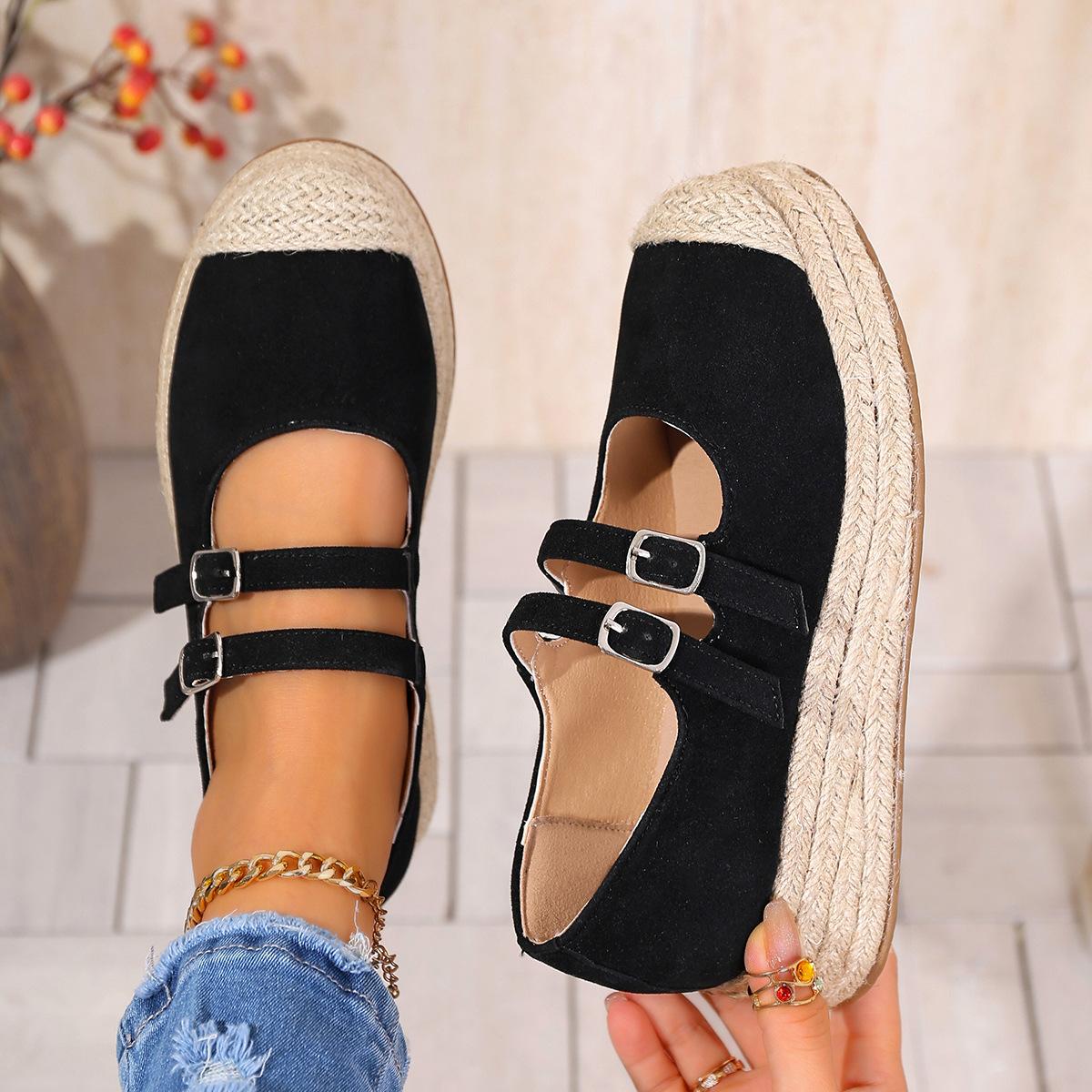 

Универсальные модели не утомляют ноги~ 5 см соломенные сандалии на платформе женские с перекрестными ремешками и повседневным скошенным каблуком увеличивающие рост туфли Мэри Джейн мягкие 43 чёрный