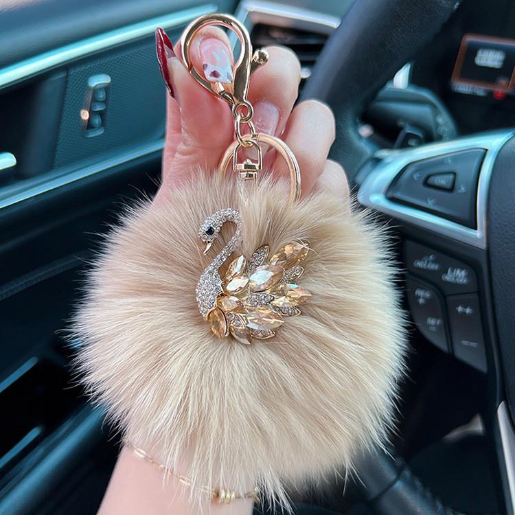 Crystal Swan Creative Fox Fur Car Keychain Exquisite Chic Keyring Bag Pendant