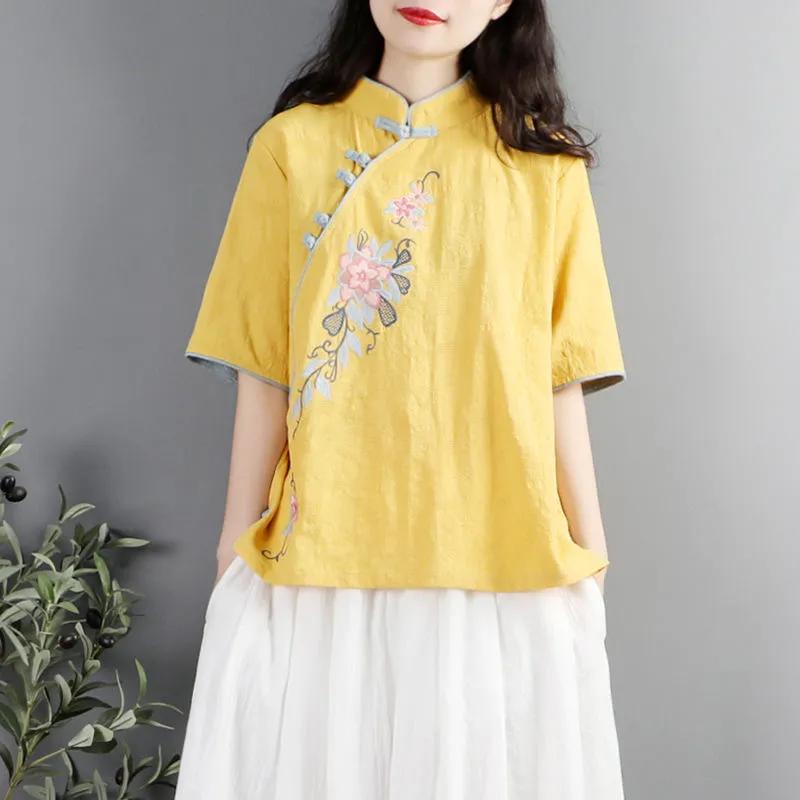 Summer Women Chinese Style Floral Embroidery Mandarin Collar Blouse