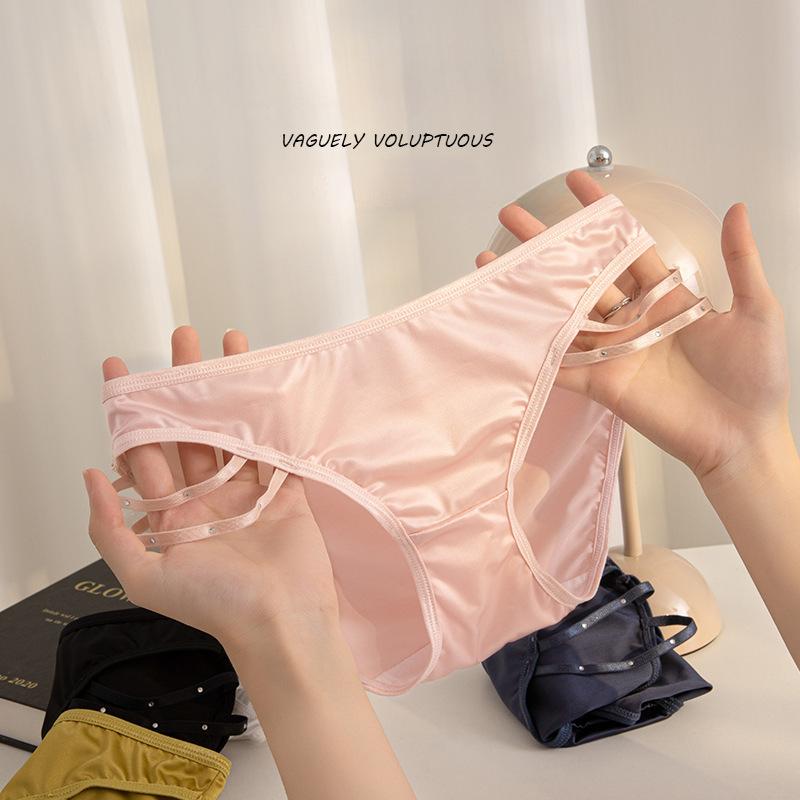 Thin Band Satin Mesh Panties with Sparkling Diamonds Lift Buttocks Sexy Mid Waist Triangle Women’s Panties