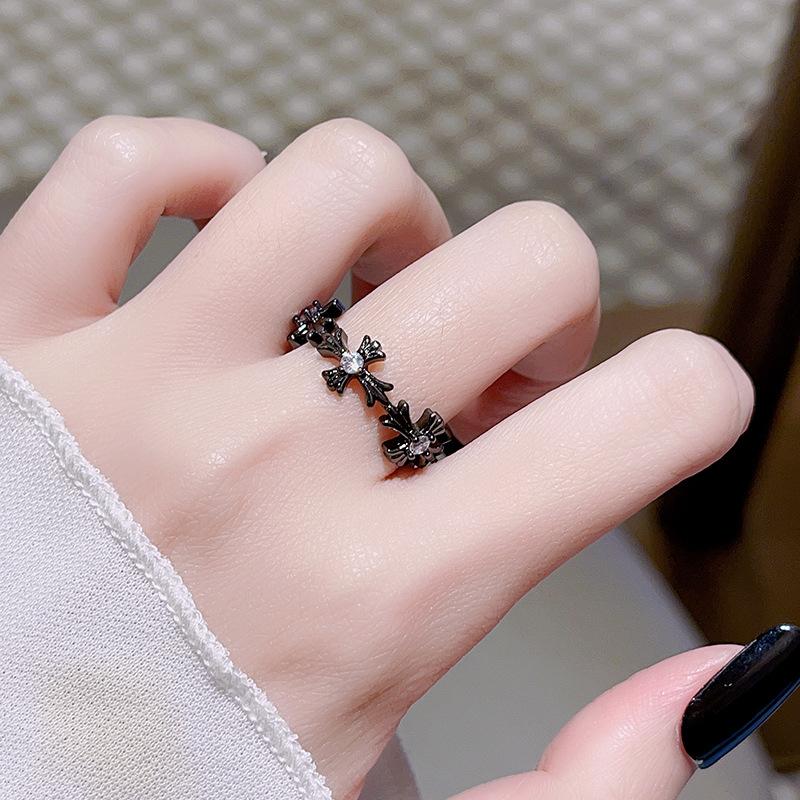 Cross Dark Premium Light Luxury Open Ring Set Cold Wind Zircon Love Bow Ring