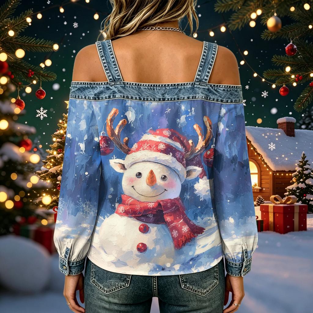 Women's Casual Off-Shoulder Long Sleeve Christmas Print Top for Holiday Parties