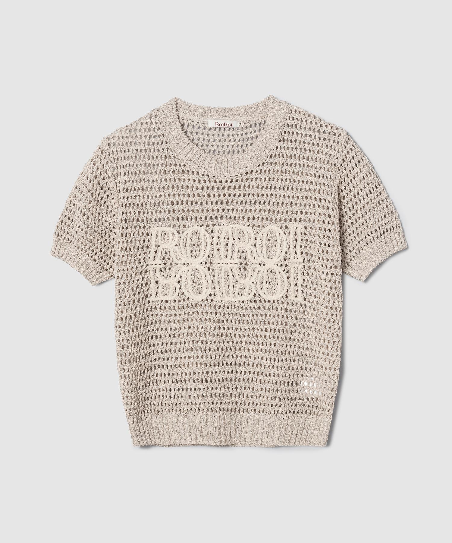 Roi Roi Lettering Crochet Short Sleeve Knit - Beige Beige/Free
