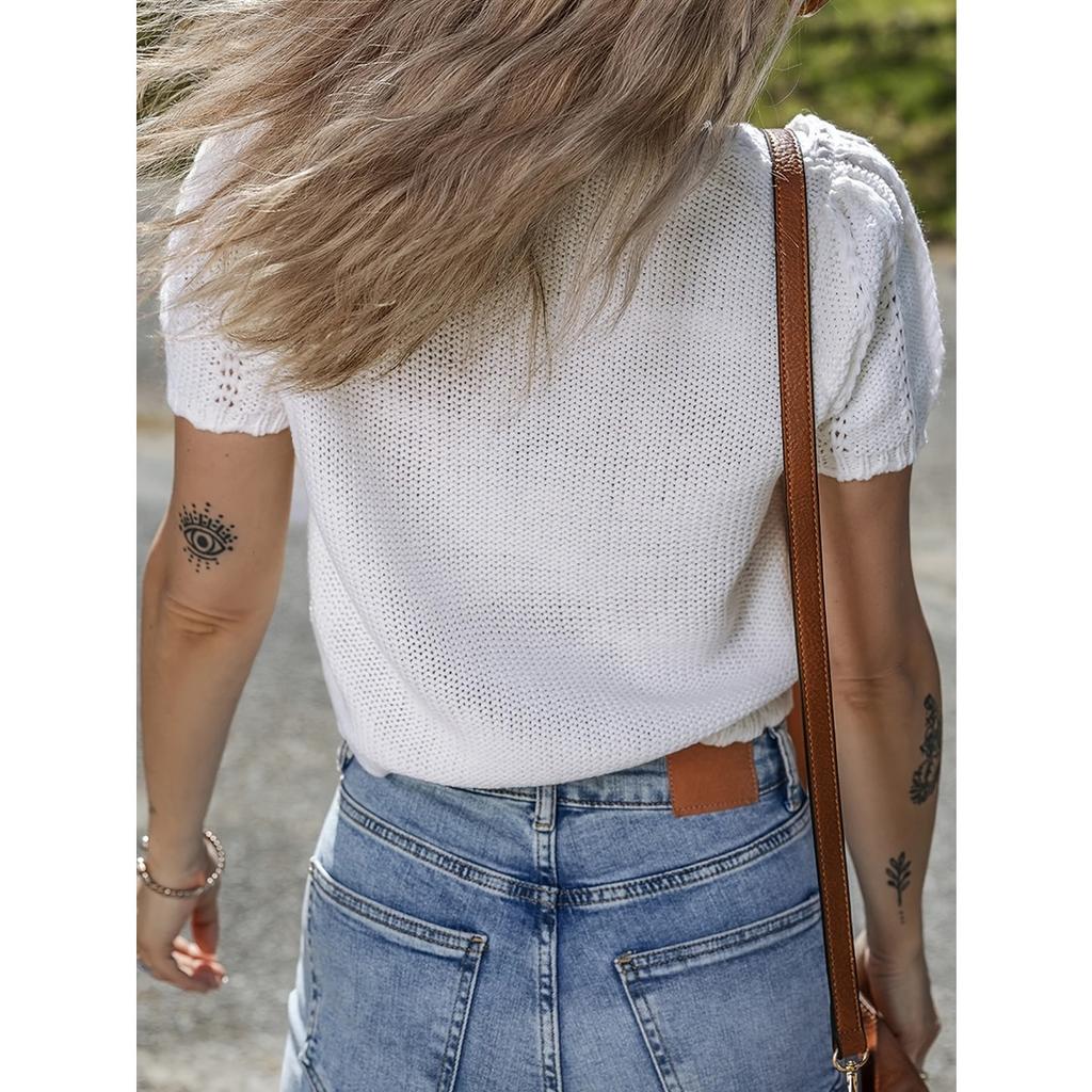 Herfst Winter Nieuw Frans Stijl Zoet Mode Ronde Hals Mesh Uitgesneden Korte Mouw Gebreide Top