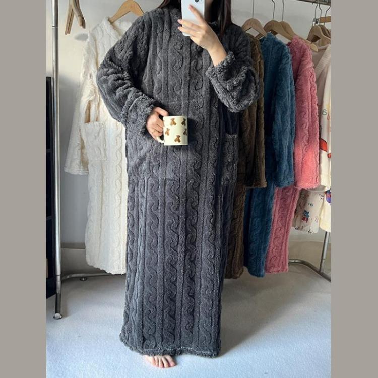 Soft Flannel Women's Nightgown Thickened Jacquard Sleepwear Dress Solid Color Comfortable Night Dress