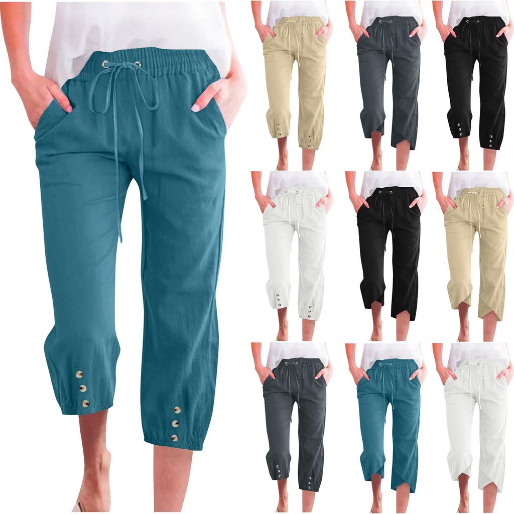 Women's Solid Color Pants With Elastic Waistband Loose Button Pants Legs Casual Pants