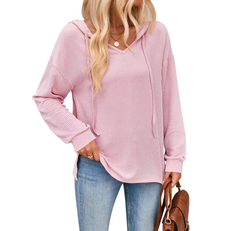 

Женская осенне-зимняя повседневная трикотажная толстовка с длинным рукавом в полоску с волнами M розовый