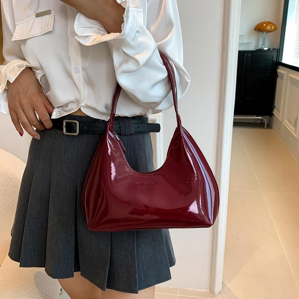 Luxury Patent Leather Women Crescent Bag Brand Shoulder Bag Retro Solid Armpit Purses Ladies Half Moon Bag High Quality Hobo Bag
