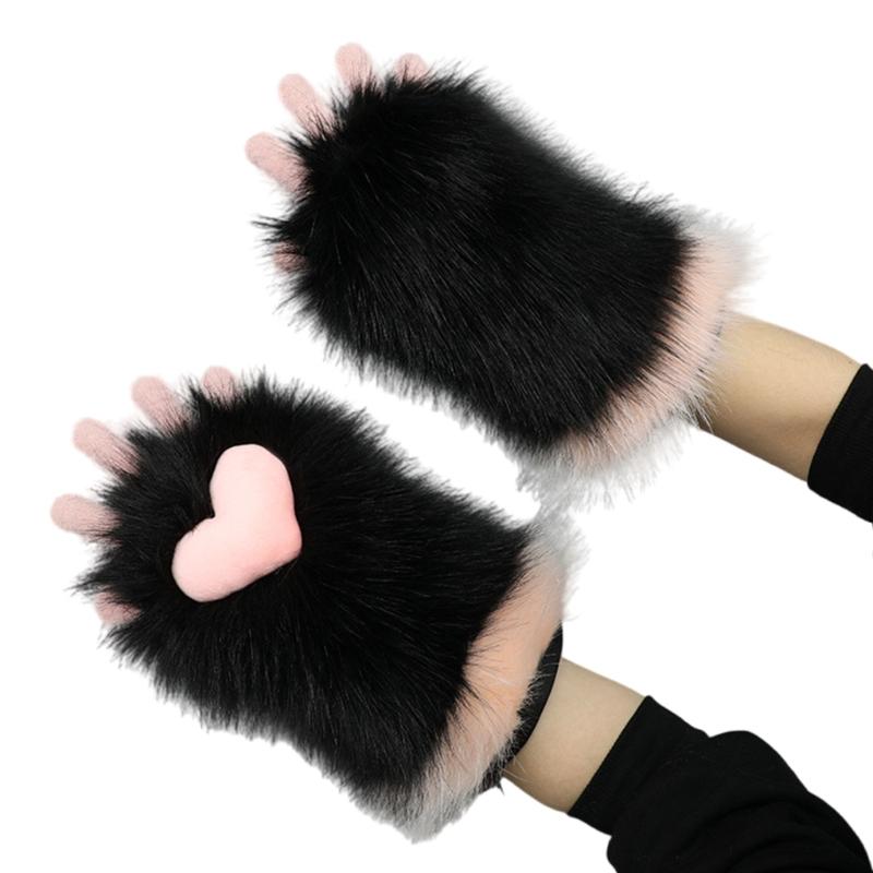 Plush Teens Cats Paw Glove Halloween Party Mitten Teenager Half Finger Glove