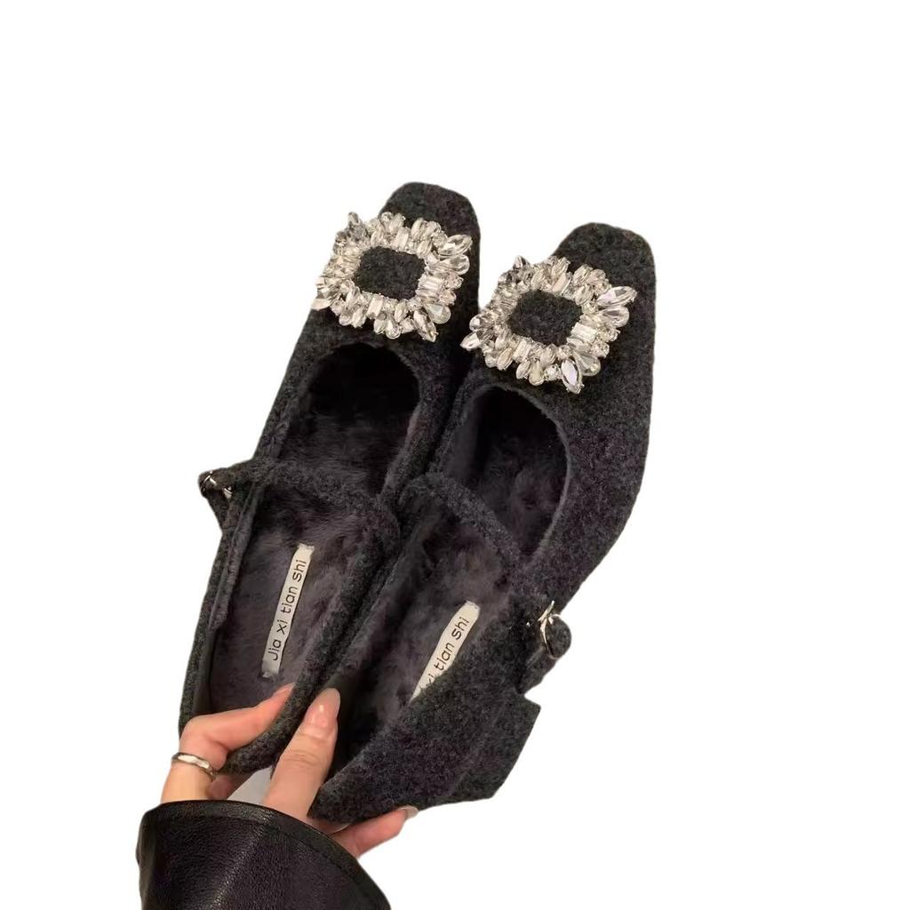 Thick Heel High Heel Black Square Head Rhinestone Single Shoes Women's Shoes 2025 New Autumn and Winter Plush Mary Jane Mao Shoes