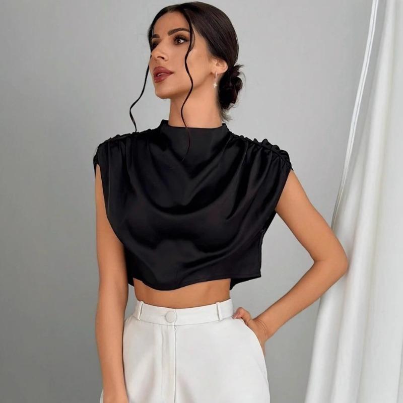 Summer Women's Pleated Batball Sleeve Satin Shirt Color Ding Imitation Silk Short Top Blouses & Shirts