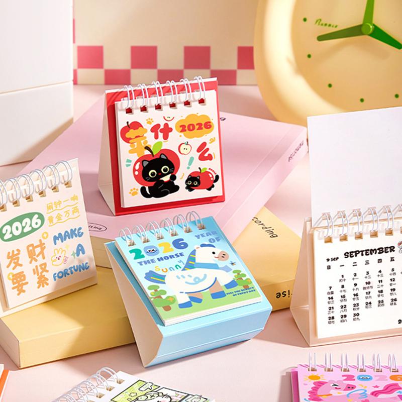 4 Stück Niedliches Pferd 2026 Kalender Tischkalender Ornament Cartoon Kawaii Planer Agenda Täglich Monatlich Schreibwaren Bürobedarf