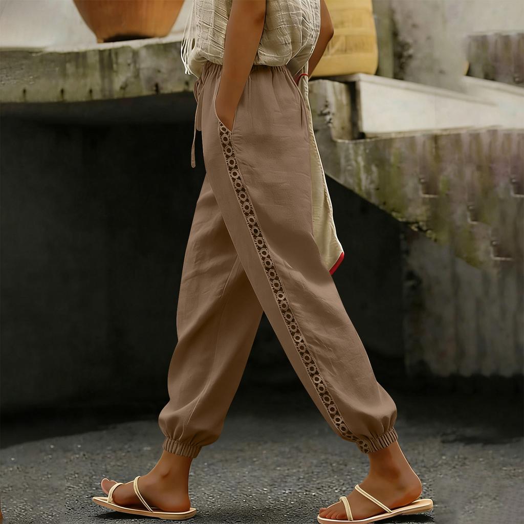 Women's Fashion Color Elastic Waist Drawstring Pocket Side Lace Small Legs Loose Casual Pants
