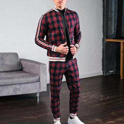 Fashion Casual Men's Tracksuit Sportswear Two Piece Outfits Gentlemen Suits Plaid Zipper Sets Brand Jacket Male Clothing Spring