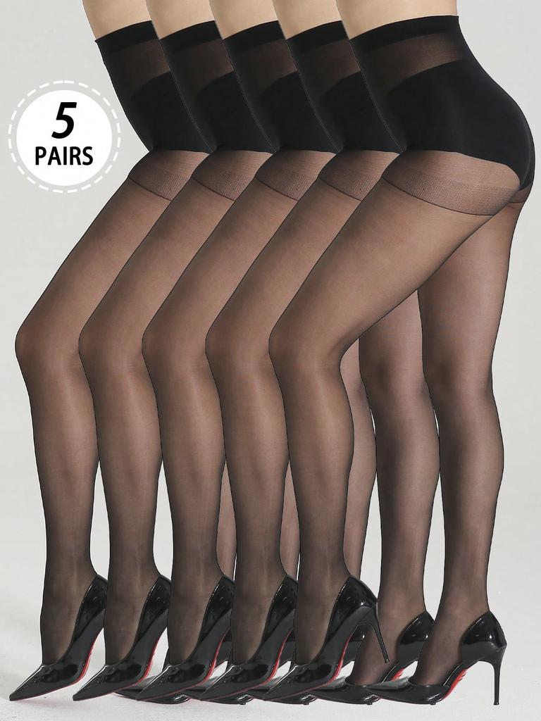 5Pairs Women Basic Solid Black Transparent Tights High Waist Silky Pantyhose Summer Daily Stockings