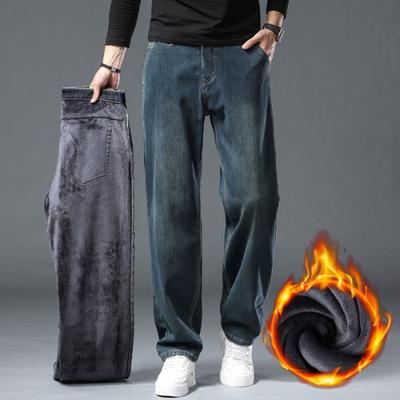 Iarnă Plus Catifea Jeans Groși pentru Bărbați Stretch Drepți Largi Mărimi Mari Talie Înaltă Călduroși Casual Pantaloni Lungi