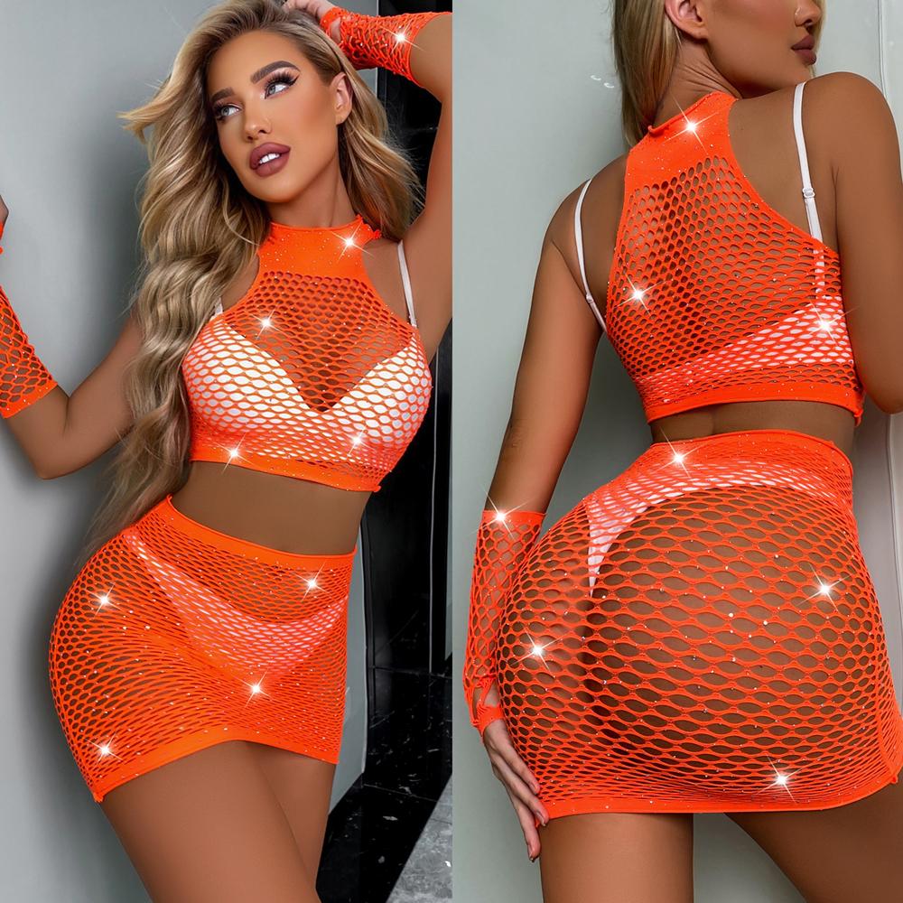 Women Elegant Lace Lingerie Set Comfort Thin Diamonds Mini Dress Elastic Mini Skirt Set Women Night Lingeries Sexy Hot Set