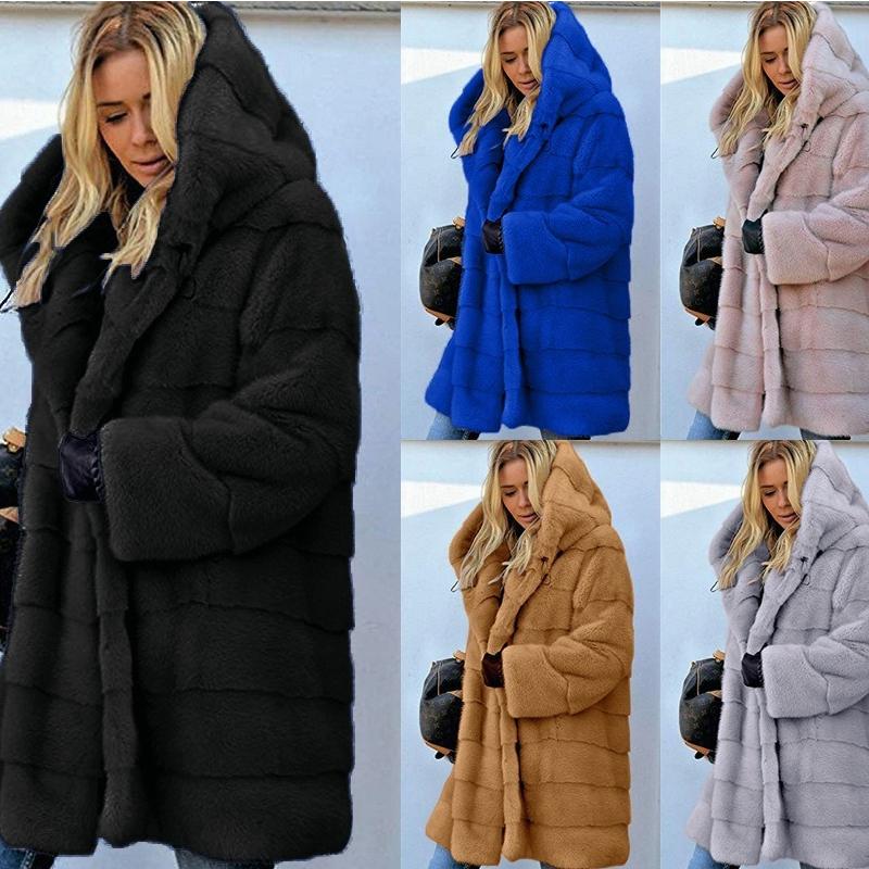 Winter Women's Casual Long Sleeve Solid Cardigans Fuzzy Fleece Outwear Faux Fur Hooded Pockets