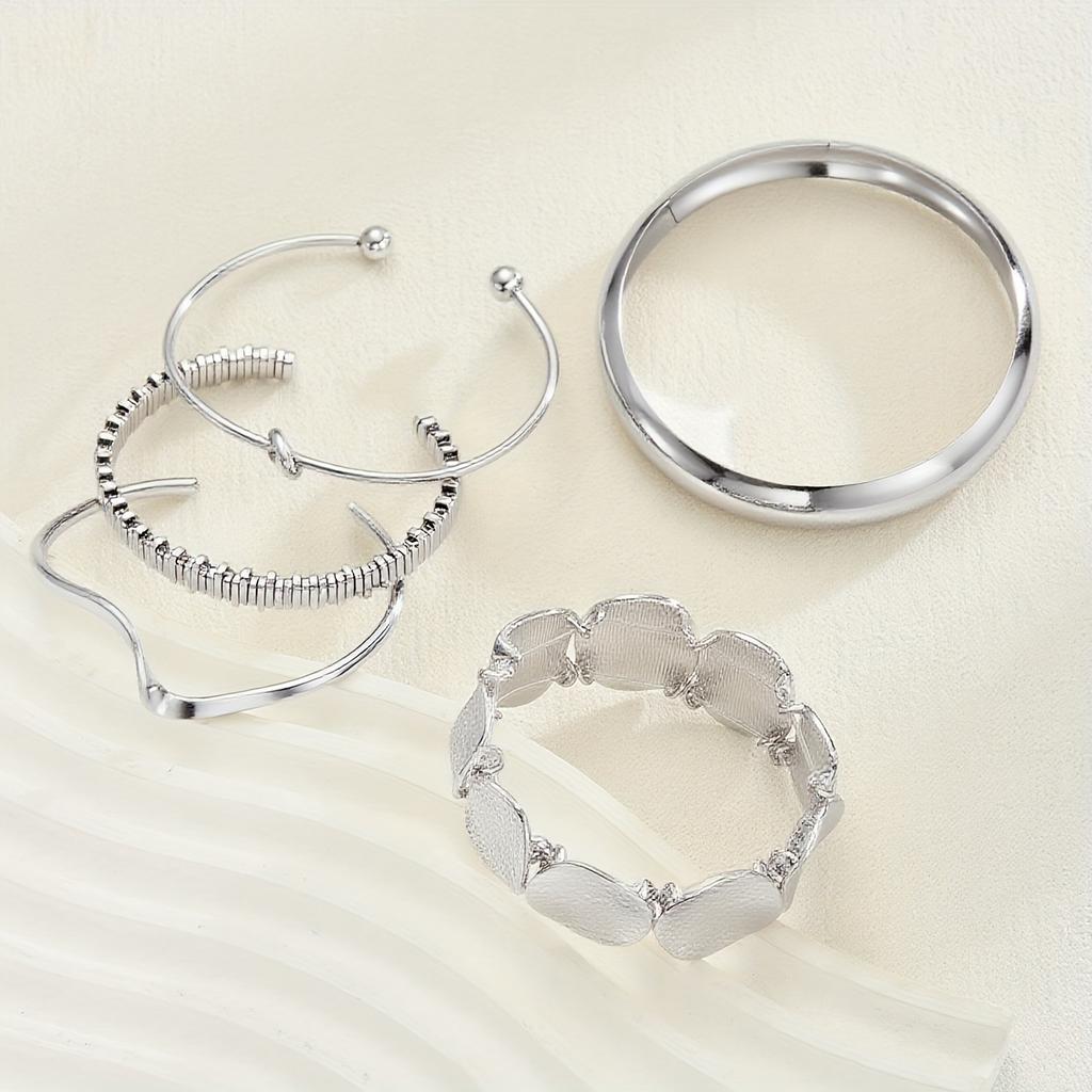 5 pièces mode rétro élégant métal style vieux argent géométrique irrégulier vague noué disque large face bracelet argenté personnalité tendance