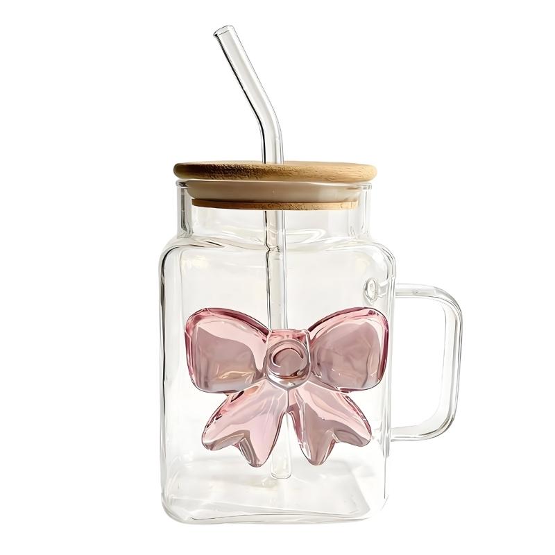 Premium Glass Tumblers With Ergonomic Handle And Straw Wooden Lid For Hot and Cold Drink Juice Coffee Tea Drinking Mug