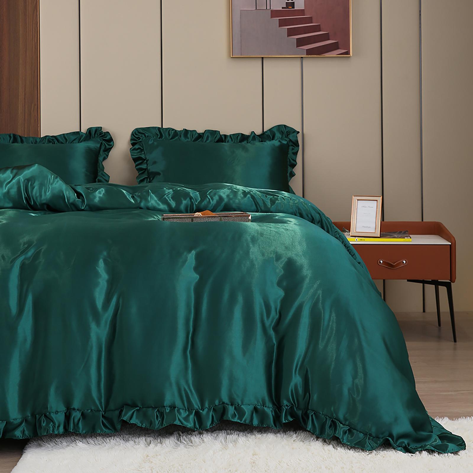 

3PCS Satin Duvet Cover Set Silk Green And Blue Bedding Comforter Cover Silky Ruffle Pattern Luxury Silky Bed set Soft 135x200cm-UK-Single зелений