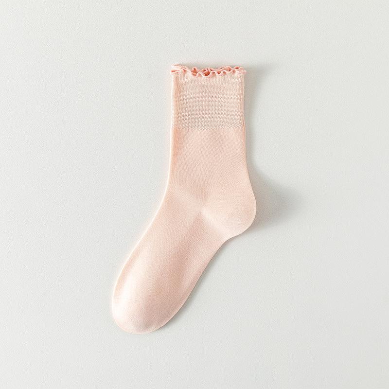 

Женские весенне-летние тонкие носки с кружевом на ушах, бесшовные, с широким голенищем, из хлопка-махры 1 pair абрикосовый