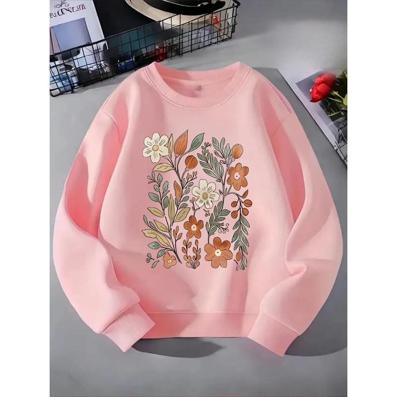 Girls' Crewneck Sweatshirt - Floral Pattern with Warm Tones And Machine Washable, Spring And Autumn, Sportswear And Casual Wear, Soft And Comfortable