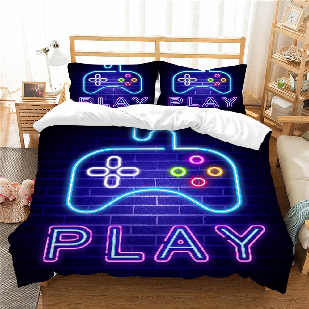 3D Bedding Single Double Bed Game Machine Printed Pillowcase and Quilt Cover 2/3 Pieces for Boys and Men Game Lovers Comfortable Household Bedding