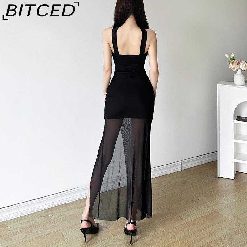 BITCED Summer Women's Solid-Color Slim-Fit High-Waisted Fashion Off-the-Shoulder Halter Dress