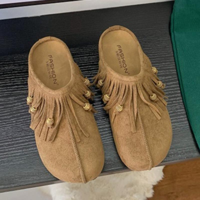 Fashion 2025 New Fringe Bead Platform Women Slippers Fashion Casual Classical Slingback Shoes Elegant Suede Autumn Zapatillas De Mujer