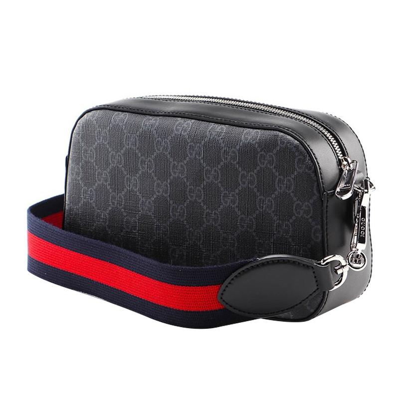 Gucci Vintage Logo Stripe Web Leather Logo Canvas And Leather Camera Bag Men Shoulder Bag Black Gray 574886-K5RLN-1095