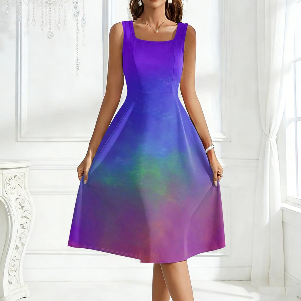 Sleeveless Square Neck Gradient Print Midi Dress for Women Casual A Line Summer Sundress Soft Fabric Flowy Skirt