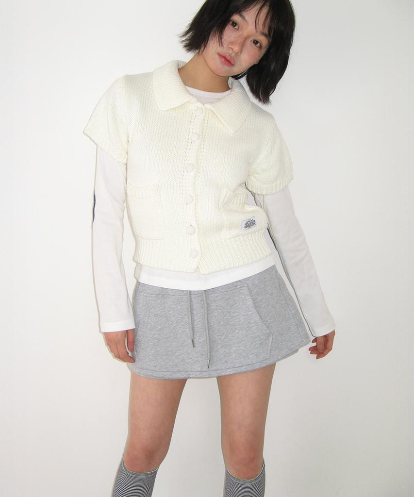 Ronron Pocket Collared Knit Short Sleeve Cardigan Ivory