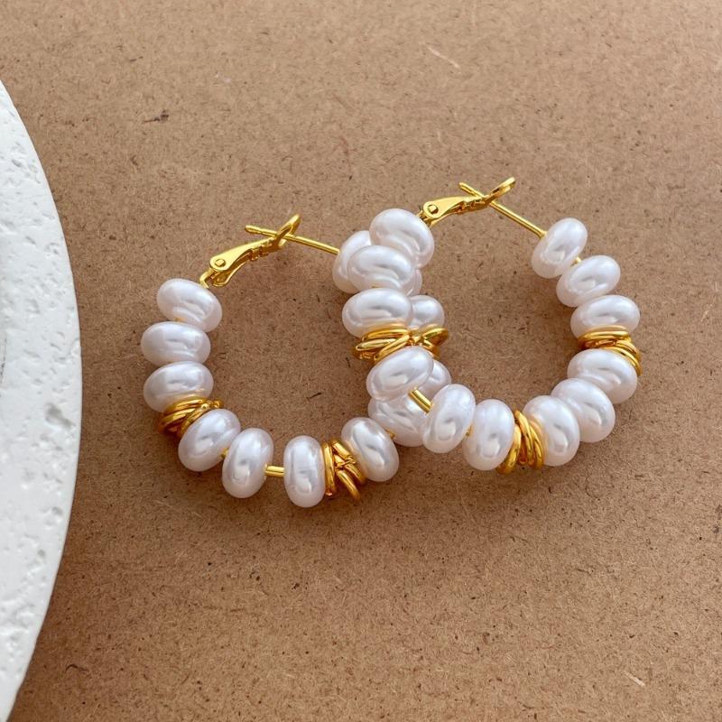 Temperament Double Color Faux Pearl Circle Hoop Earrings For Women Real Gold Plated Copper Wedding Casual Jewelry