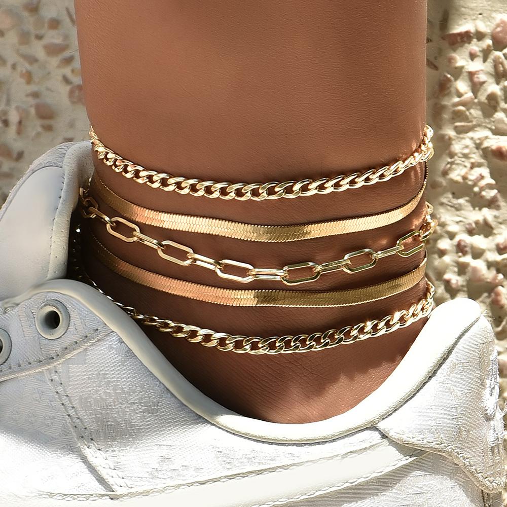 Retro and Exaggerated Multi-layer Metal Chain Bead Chain Anklet Fashion Trend Girl Multi-layer Anklet Temperament Jewelry