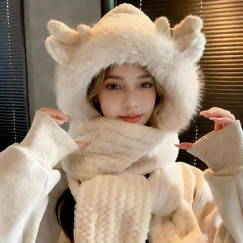 Fashion Elk Antlers Plush Hat Scarf Gloves Women's Winter Ear Protector Thickened Ear Muffs and Neck Warmer Hat Cycling Ski Cap Wind Proof