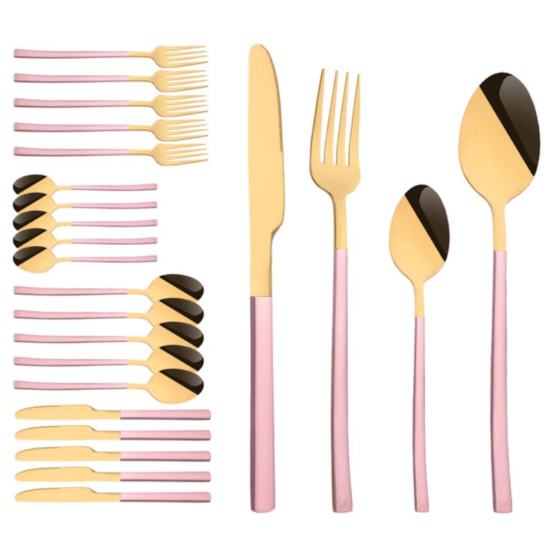 24 ks Moderní jídelní sada Nerezová sada nádobí Modrá Zlatá Nůž Vidlička Lžíce Čajová lžička Kuchyňská sada příborů