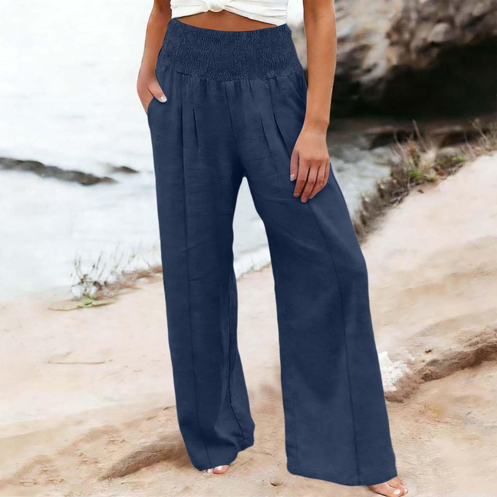 Women Casual Loose Fit Elastic Waist Cotton Linen Long Pants with Pockets Lightweight Breathable Wide Leg Trousers