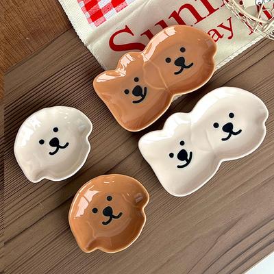 Adorable Assiette à Sauce en Céramique avec Design Chien et Ours Mignon - Bol à Dip à Compartiment Simple/Double Pour Condiments, Apéritifs, Sushi, Soja