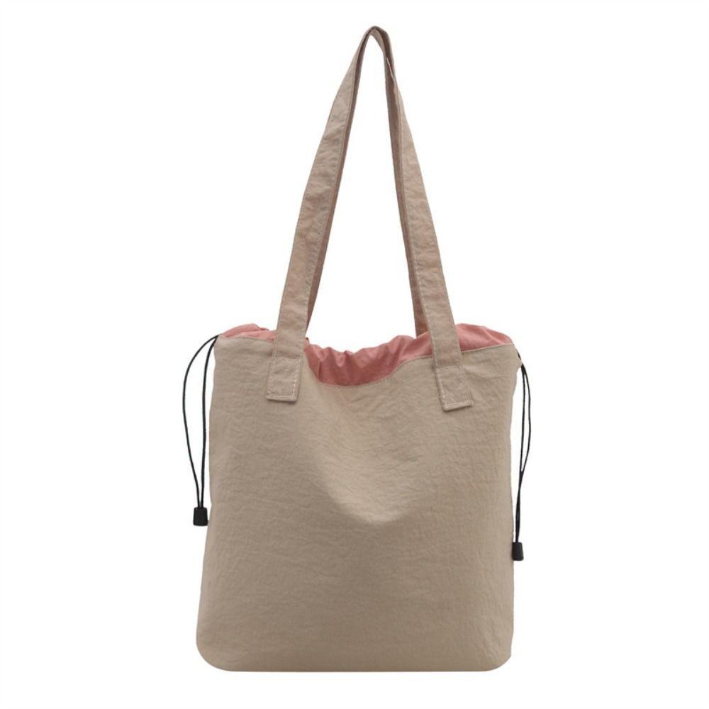 New Casual Drawstring Shoulder Bag Khaki Color Lightweight Handbag Trendy Large Capacity Tote Bag