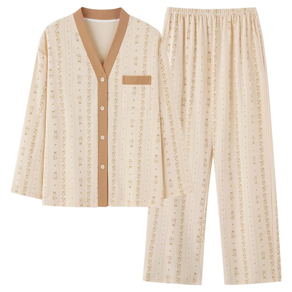 2025 Women's 100% Pure Cotton Pajamas: Long Sleeve Plus Size, Solid Color, Wearable Outside - Perfect for Autumn and Spring.